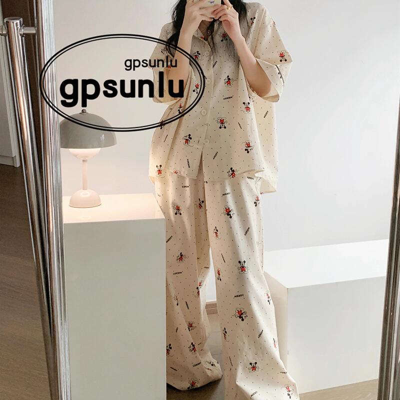 Japanese Niche Gp Cartoon Short-Sleeved Pajamas for Women, Summer Korean Version, Cute Thin Cardigan, Long Pants, Home Wear Set, Can Be Worn Outside Japanese Niche Gp Cartoon Short-Sleeved Pajamas for Women, Summer Korean Version, Cute Thin Cardigan, Long Pants, Home Wear Set, Can Be Worn Outside