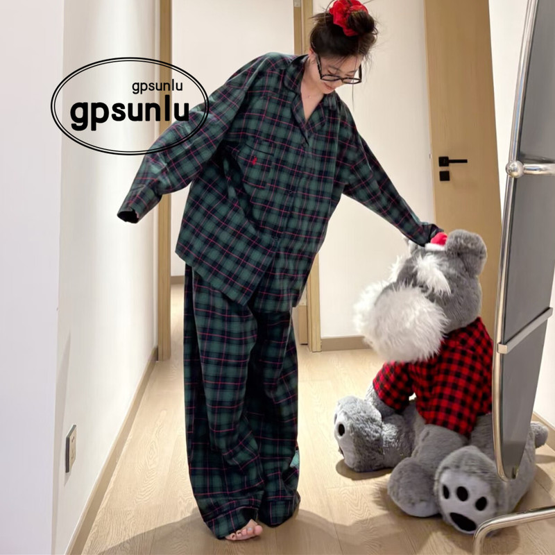 Japanese Gp Color-Blocked Plaid Pajamas for Women, Spring, Autumn and Winter, Long-Sleeved, Pure Cotton, Korean Style, Simple, Retro, Home Wear, Can Be Worn Outside Japanese Gp Color-Blocked Plaid Pajamas for Women, Spring, Autumn and Winter, Long-Sleeved, Pure Cotton, Korean Style, Simple, Retro, Home Wear, Can Be Worn Outside