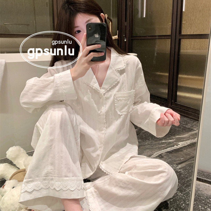 Japanese Gp White Simple Lapel Heart Lace Pajamas for Women Spring and Autumn Korean Style Long-Sleeved Casual Home Wear Set