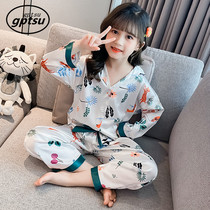 Japanese childrens pyjamas suit girls spring summer thin section of ice silk long sleeve cartoon Grand Tong True Silk Home Gp