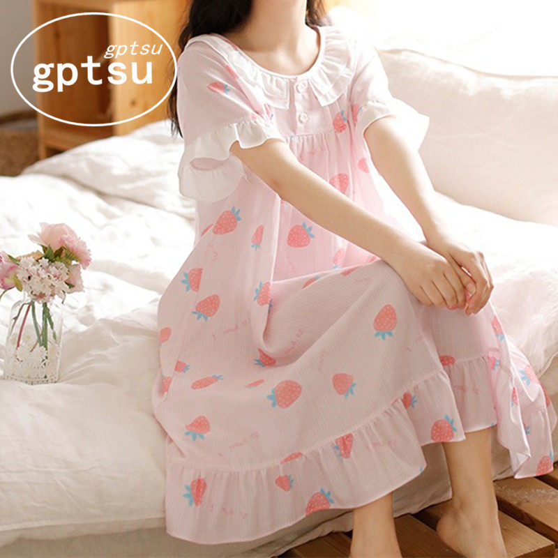 Japan Gp Princess Sleep Skirt Woman Summer Short Sleeve Pure Cotton Adolescent Girl Pyjamas Summer Korean Version Sweet and thinner Home Suit Suit