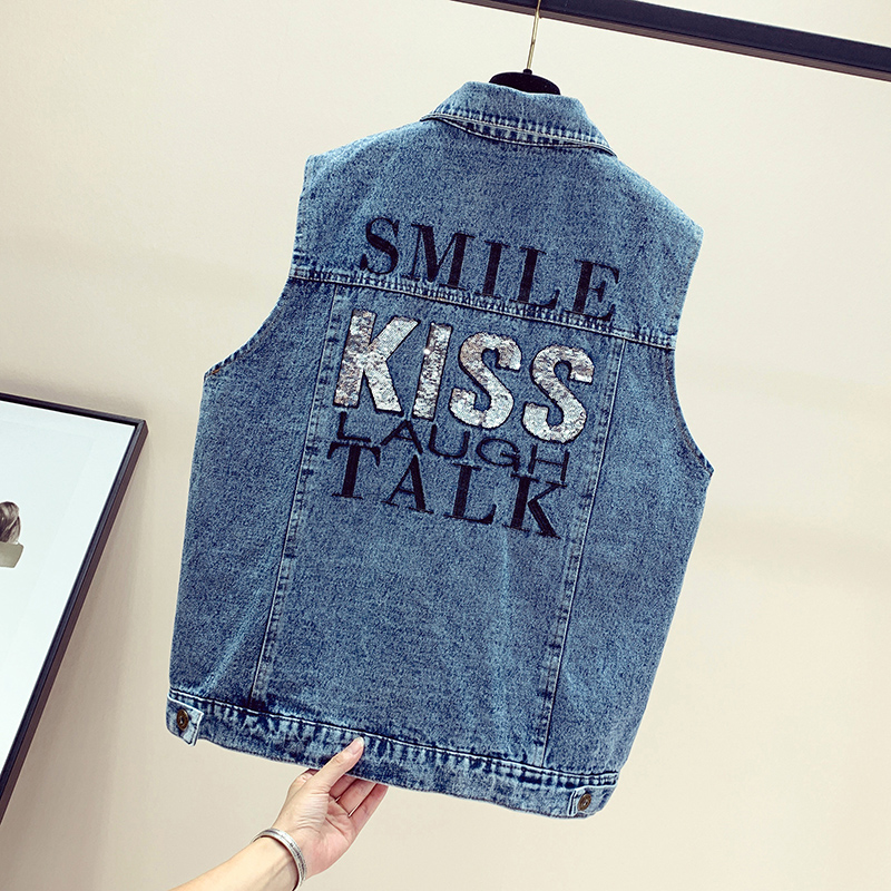 Casual denim phụ nữ vest 2019 mùa xuân mới và mùa thu Hàn Quốc phiên bản của tay đầu lỏng lẻo vest 10 tán vai áo khoác