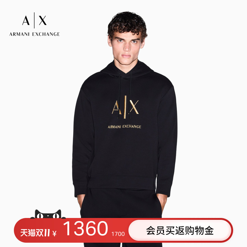 Armani Exchange/Armani's New Autumn and Winter Men's Drawstring Embroidered Loose Heavyweight Hooded Pullover Sweatshirt Armani Exchange/Armani's New Autumn and Winter Men's Drawstring Embroidered Loose Heavyweight Hooded Pullover Sweatshirt