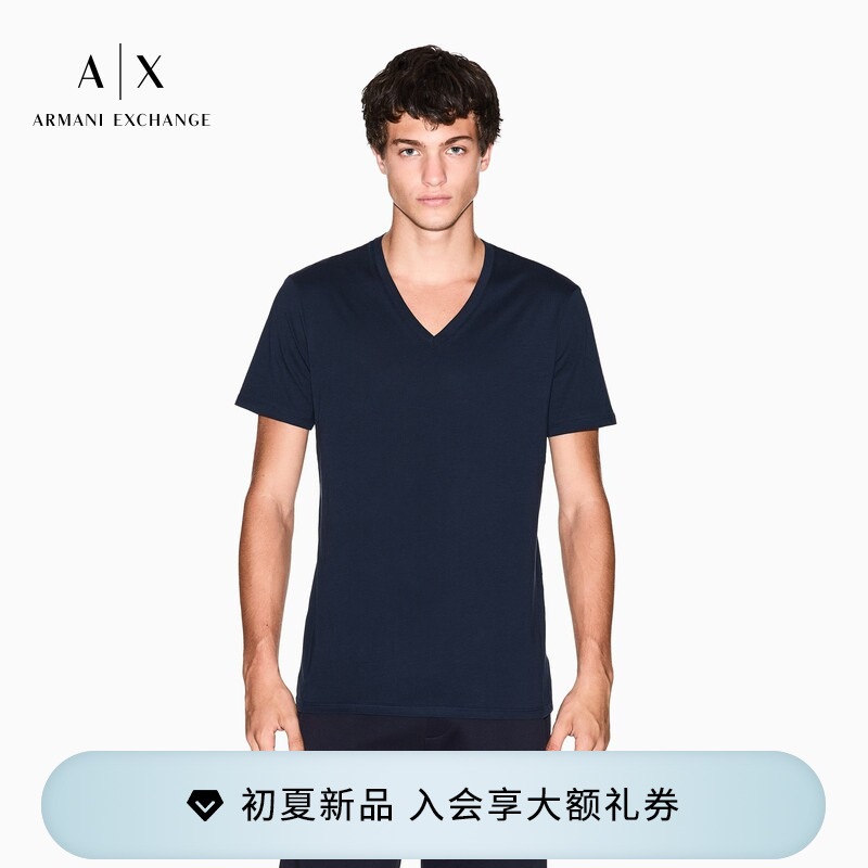 Armani Exchange/Armani Men's and Women's Couple Style V-Neck Short-Sleeved Right-Shoulder Old Money Style Pure Cotton Slim-Fit T-Shirt