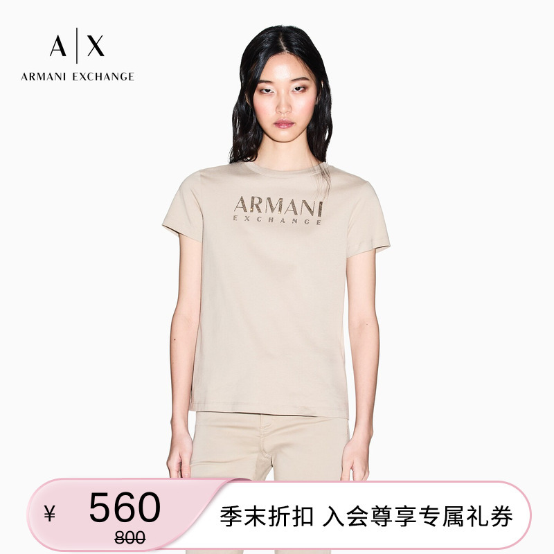Armani Exchange/Armani Spring and Summer New Women's Round Neck Short-Sleeved Right-Shoulder Rhinestone Pure Cotton Thin T-Shirt Armani Exchange/Armani Spring and Summer New Women's Round Neck Short-Sleeved Right-Shoulder Rhinestone Pure Cotton Thin T-Shirt