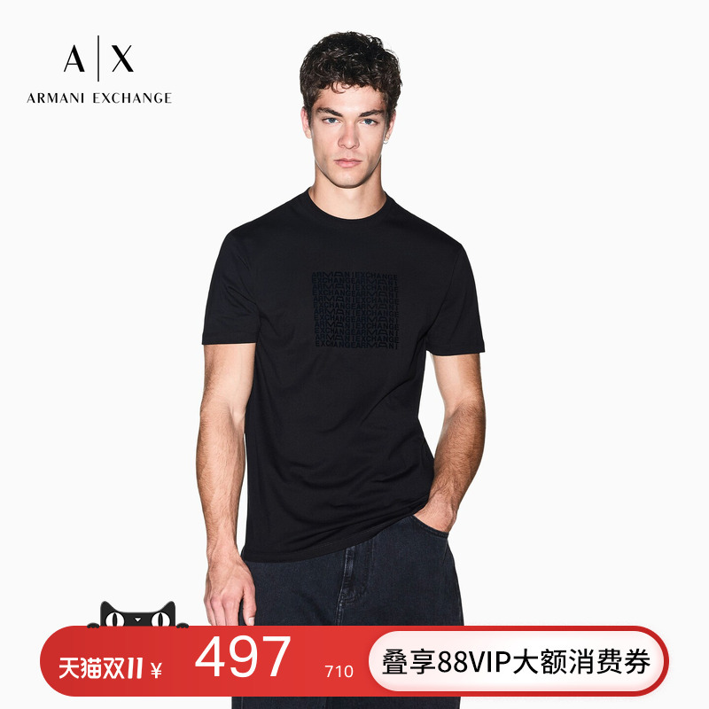 Armani Exchange/Armani's New Autumn and Winter Men's Round Neck Short-Sleeved Right-Shoulder Pure Cotton Black Trendyy T-Shirt Armani Exchange/Armani's New Autumn and Winter Men's Round Neck Short-Sleeved Right-Shoulder Pure Cotton Black Trendyy T-Shirt
