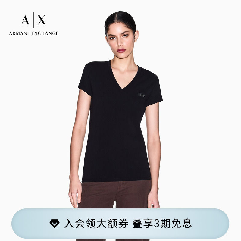 Armani Exchange/Armani's 26Th Spring/Summer New Women's V-Neck Short-Sleeved Right-Shoulder Stretch Cotton Thin T-Shirt
