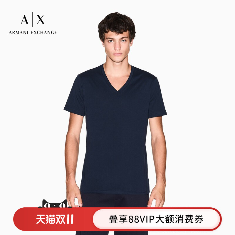 Armani Exchange/Armani Autumn and Winter Men's and Women's Couple Style V-Neck Short-Sleeved Right-Shoulder Old Money Style Pure Cotton T-Shirt