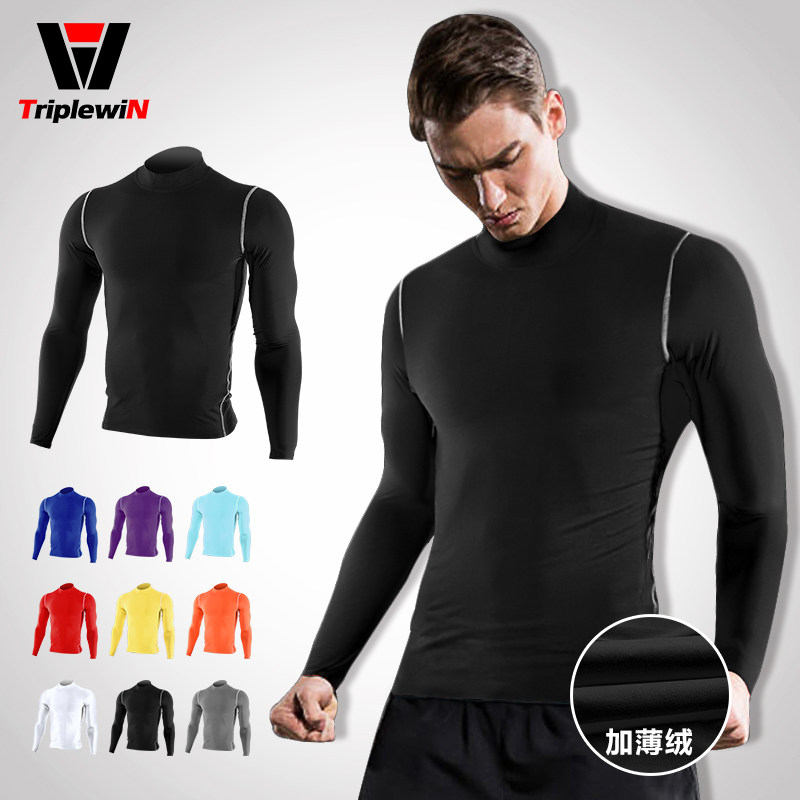 Thin velvet thickened quick-drying breathable stretch base fitness football long-sleeved T-shirt men's sports round neck high neck tights