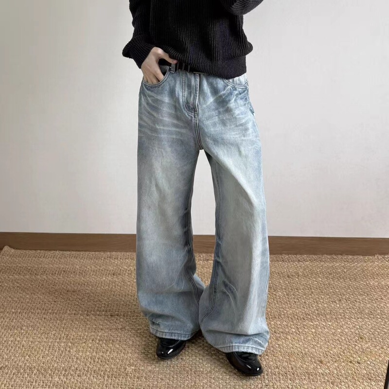 7Ac Niuwang Series Micro-Flared Washed Blue Straight-Leg Loose Handmade Whiskered Jeans Cleanfit