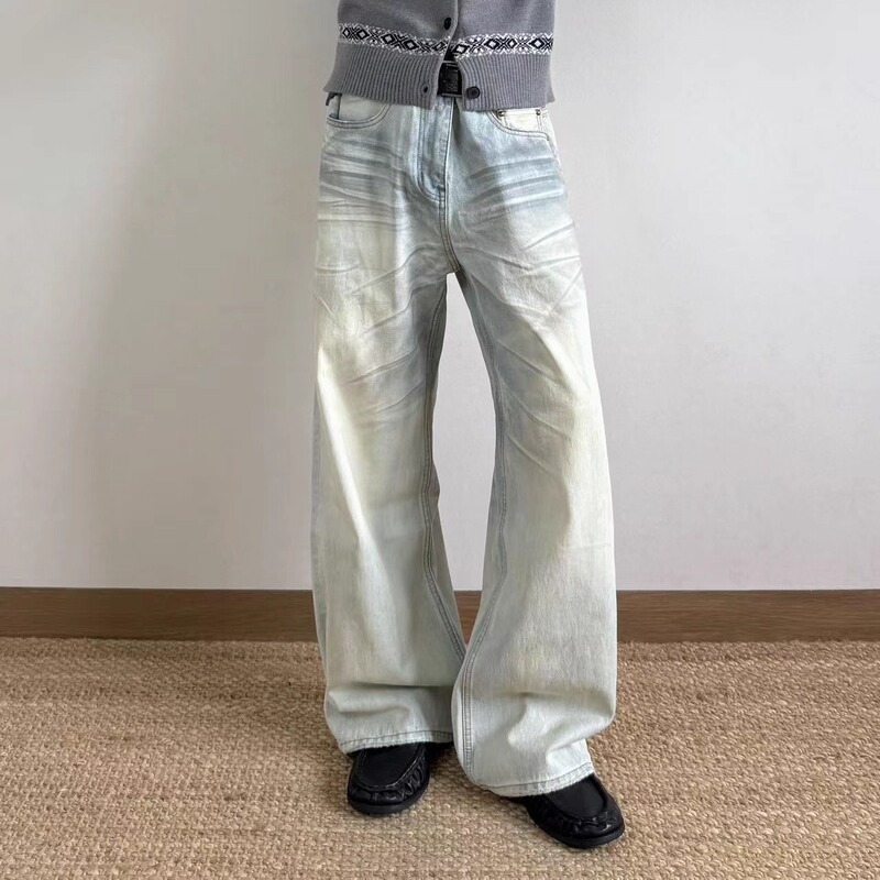 7Ac Washed Blue Denim with Vintage Distressed Natural Dyeing, A-Line Straight Loose Fit Jeans, Cleanfit