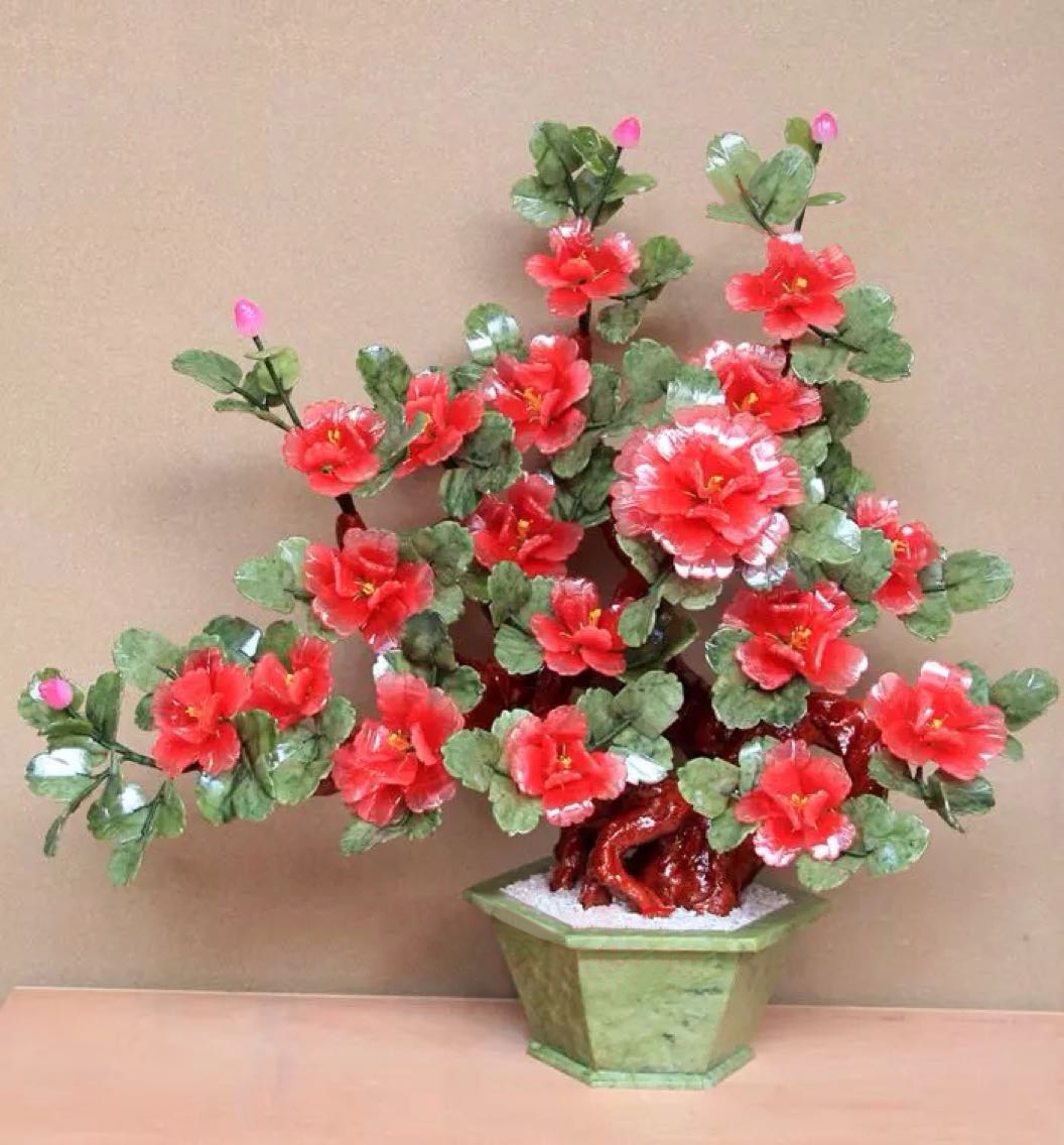 Natural jade 18 Dudan flowers Potted plant Home Ornament Living Room Tea Table Swing Piece Creative Bonsai Craft Gift Pendulum jade