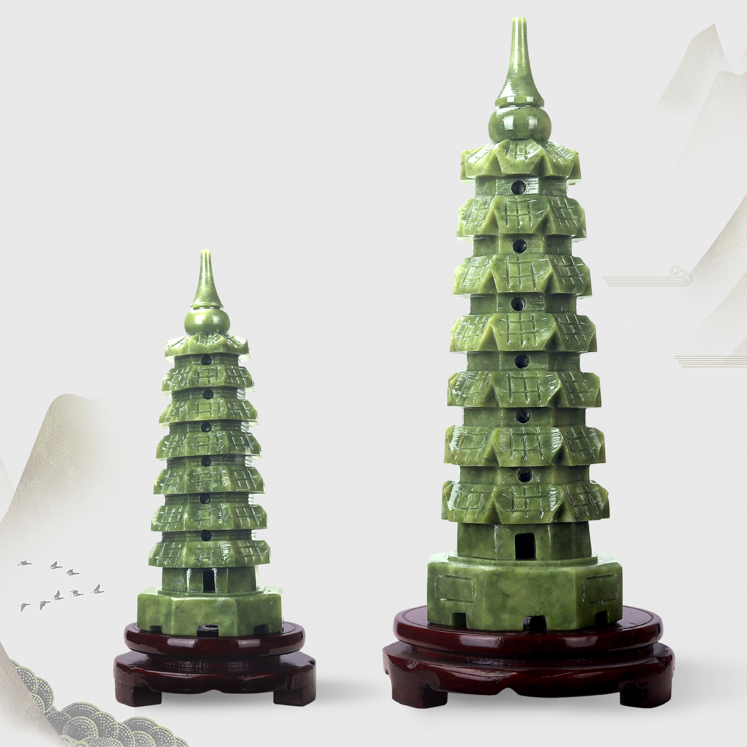 Natural seven floors 11 layers jade jade Wenchang Tower Living room Office Book room Jade Jade Sculpture tabletop pendulum piece