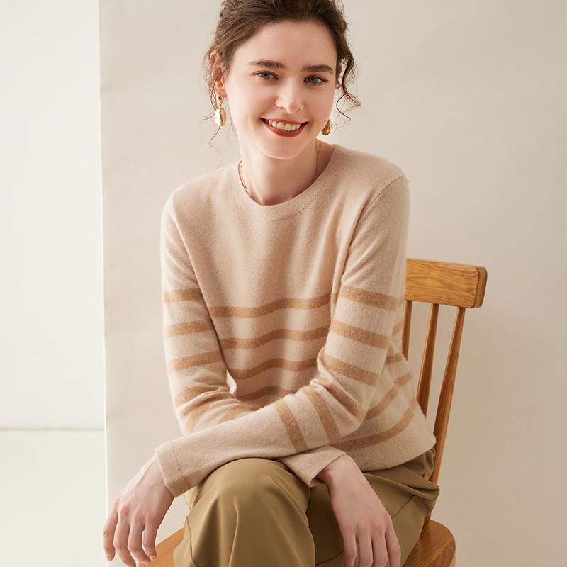Autumn and Winter New Cashmere Sweater for Women, Round Neck Striped Knitwear, European High-End Soft Cashmere Base Sweater