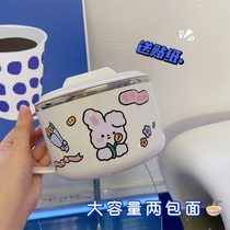 Bowl dormitory with students to make rice cute noodles bowl 304 stainless steel Rice Bowl set Soup Bowl special ceramic with lid