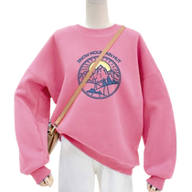 粉色加绒卫衣女秋冬新款2022中长款宽松圆领百搭时尚印花ins上衣