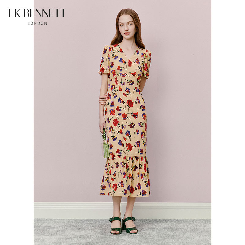 Lk Bennett Printed Fishtail Dress, New Summer Style, French V-Neck, Slim Fit, Waist-Cinching, Slimming, Long Style