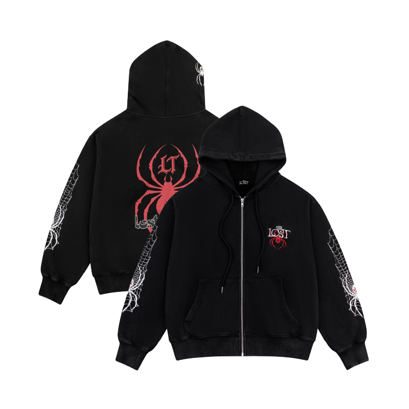 Losttag Cross Spider Web Distressed Hoodie Spider Web Zip up Hoodie