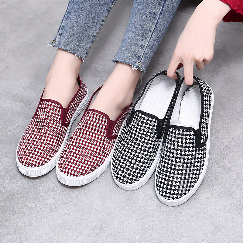 Spring and autumn new Korean version canvas shoes women's shoes one pedal houndstooth plaid casual shoes low top old Beijing cloth shoes