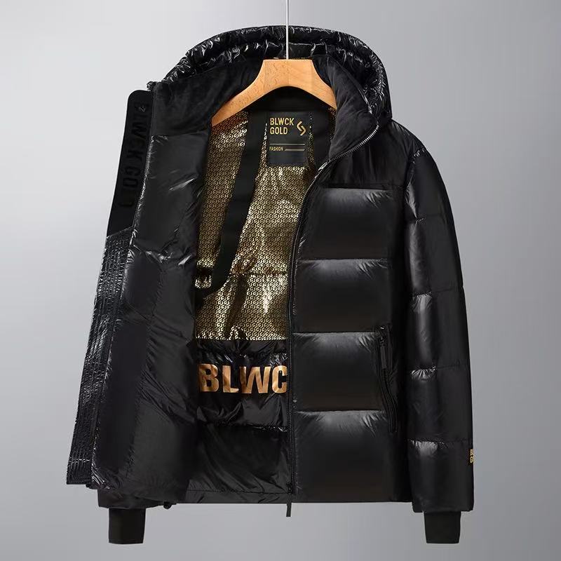 Black and Gold Short down Jacket with White Goose Down, Unisex Couple Style, High-End Feel, Thickened for Winter, Warm and Cold-Resistant, with Hood