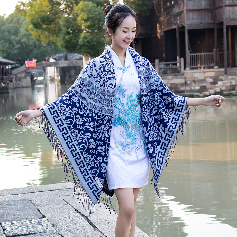 Thickening Intensify Autumn Winter Tourism Photo Shoots Green Flower Porcelain Scarves Cloak Cape Shawl Jacket Warm 100 Lapped Triangle Towel