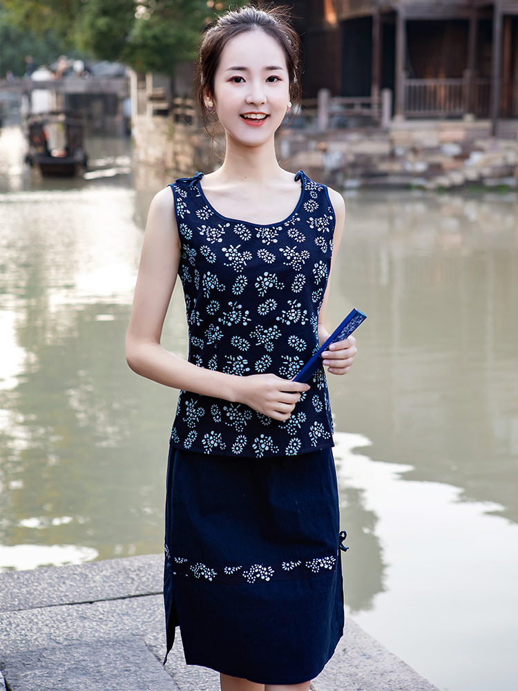 Wuzhen pure cotton blue calico women's summer sleeveless vest shirt ethnic style simple floral casual top