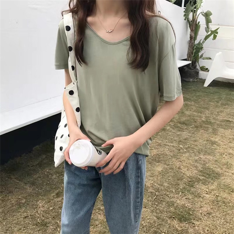 Summer 2021 new short sleeve T-shirt women's loose Korean versatile solid color U-neck big neckline top