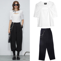 MAMOUR white texture chest hollow short-sleeved t-shirt top design trousers suit 2021 summer new