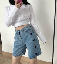 kimhekim new print love high waist slim five-point straight-leg pants denim shorts women