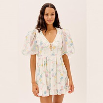 For Love Lemons 2021 spring and summer new retro big daisy transparent puff sleeve ruffle dress