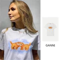 GANNI 21 summer new kitten pattern print T-shirt wild loose casual cotton short-sleeved T-shirt