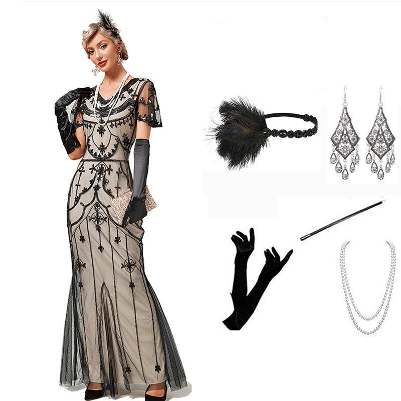 Foreign Trade European and American 1920S Gatsby Retro Sequin Dress, Fashionable Light Luxury Short-Sleeved Banquet Evening Dress Long Dress