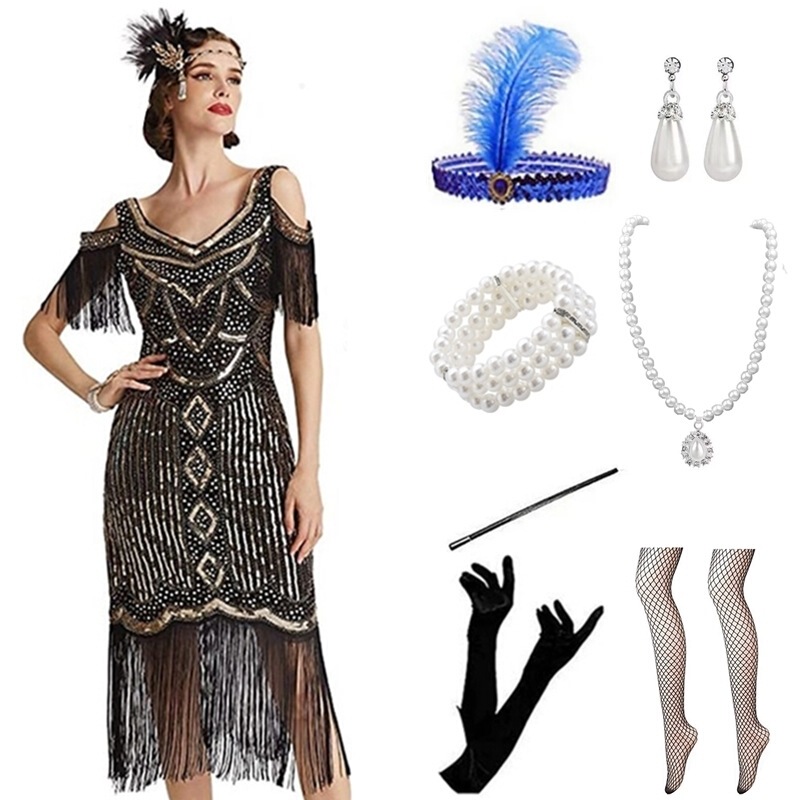 1920S Halloween New Evening Dress with Fringe, Great Gatsby Banquet Carnival Sequin Dress