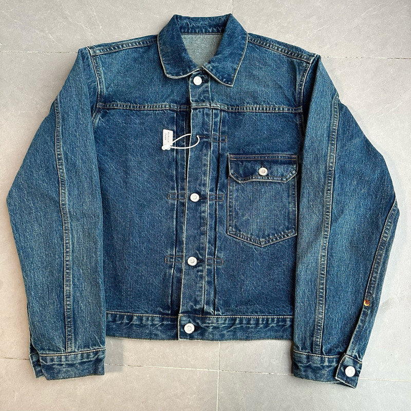 Water-Resistant, Self-Produced Type1 Washed Dark Blue Marble-Pattern Denim Jacket Vintage Denim Coat