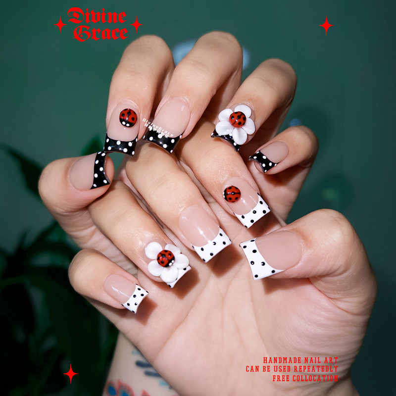【Dg】Hot Girl Polka Dot Carved French Style Press-On Nails/Hand-Painted Carved High-Quality Handmade Press-On Nails