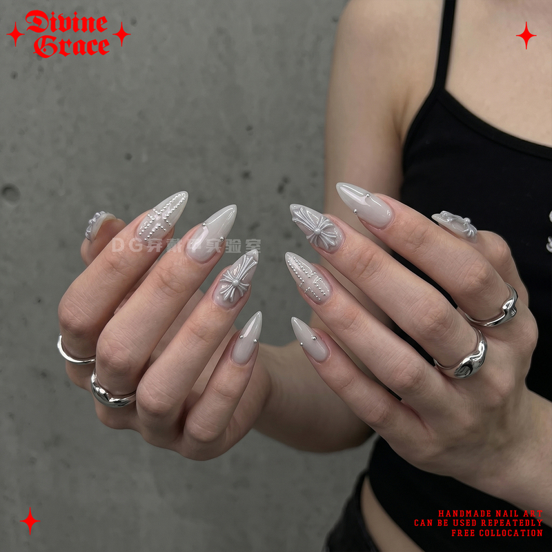 [Hot Girl Nail Art] Milky Glass Light Gray Blue Embossed Cross Hot Girl Nail Art Original High-Quality Handmade Nail Art