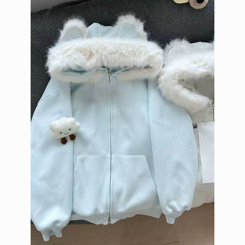 Autumn and Winter Cute Cat Ear Fur Collar Fleece-Lined Thick Hooded Long-Sleeve Sweatshirt for Women, Fun Versatile Casual Jacket Top