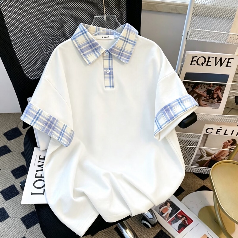 Loose Korean-Style Printed Polo Shirt for Women, Sweet and Youthful, College Style, Comfortable Student Casual Short-Sleeve Top, Plaid