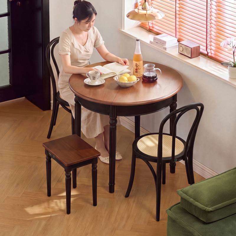 Solid Wood Retractable Round Table for Small Apartments, Mid-Century Style, Foldable and Extendable Round Dining Table, 2026 New Model, 80cm Solid Wood Retractable Round Table for Small Apartments, Mid-Century Style, Foldable and Extendable Round Dining Table, 2026 New Model, 80cm