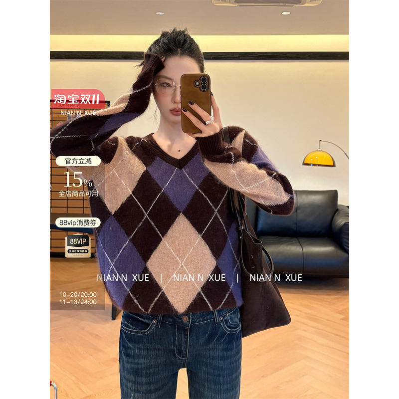 Nian N Xue Argyle Diamond Pattern Cashmere Wool Blend Casual Style Knitted Long-Sleeve Pullover Sweater for Women