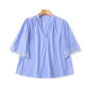 ເສື້ອຍືດແຂນສັ້ນ embroidered hollow puff ເສື້ອຍືດ summer ໃຫມ່ການຄ້າຕ່າງປະເທດແມ່ຍິງຄົນອັບເດດ: ຊາວຫນຸ່ມ v-neck slim ເສື້ອ 33849