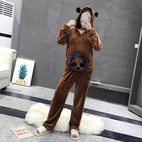 Bộ đồ flannel Mùa đông mới của phụ nữ hoạt hình trùm đầu cổ áo kangaroo bỏ túi + quần thun lưng cao 5536 đồ bộ nam