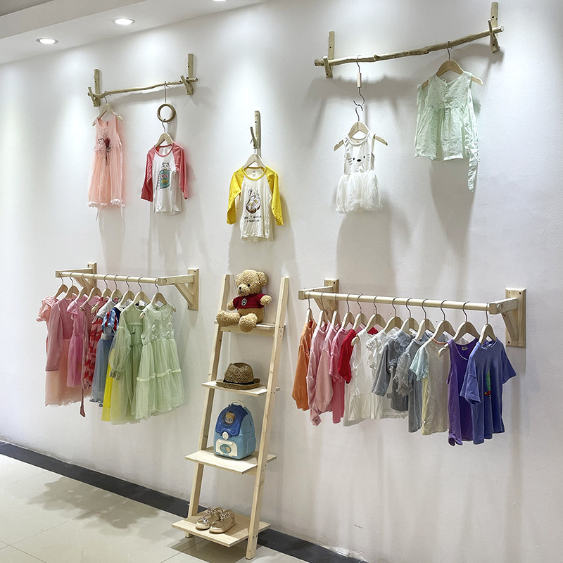 Clothing Store Display Rack Upper Wall Children Clothing Shelves Solid Wood Side Hanging Wall Upper Positive Hook Original Wood Color Floor Single Lever Hanger