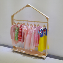  Clothing display stand Solid wood floor shelf Childrens clothing shelf Mobile hanger Log color hanger rod Clothes hanger