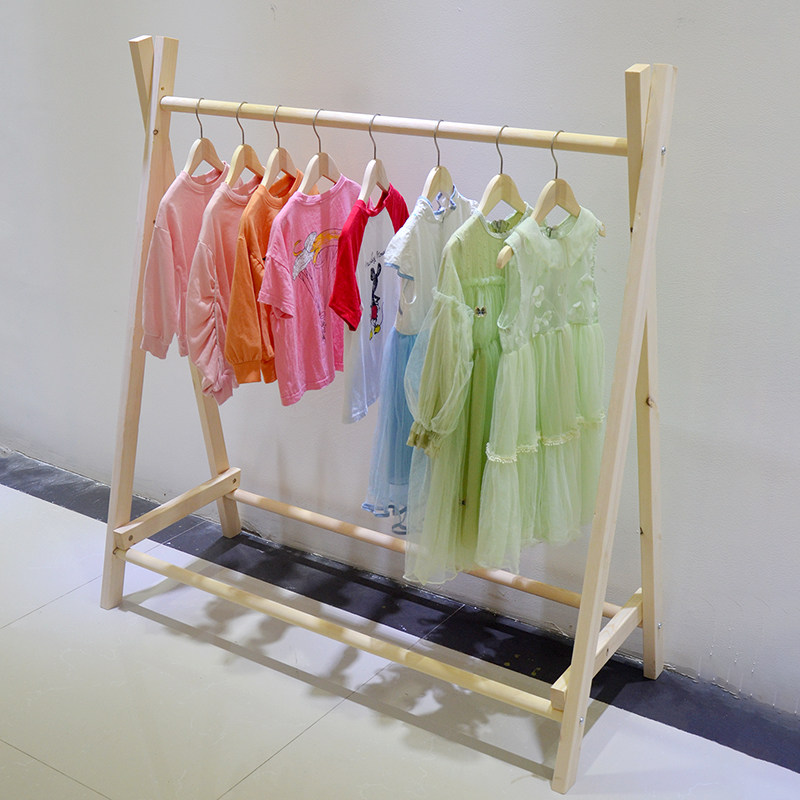Clothing Store Show Rack Children Clothing Shelves Original Wood Color Hanger Solid Wood Floor Shelf Close To Wall Hanging Clothes Hanger Clothes Display Racks