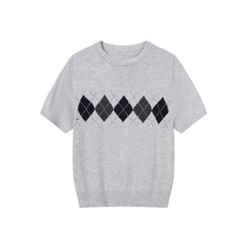 Calm Pause Diamond-Patterned Knit Short-Sleeve Cashmere Blend Skin-Friendly Wool Round-Neck Argai Jacquard T-Shirt for Women
