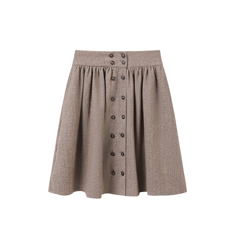 Calm Pause Double-Breasted Pleated Skirt, Coffee-Colored Summer Retro High-Waisted Workwear Elastic Waist Short Umbrella Skirt