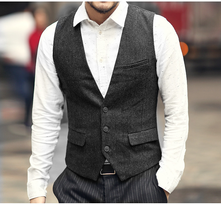 Spring and Autumn New Men's British Retro Herringbone Slim Fit Plus Size Suit Vest Woolen Casual Waistcoat Trendy Men