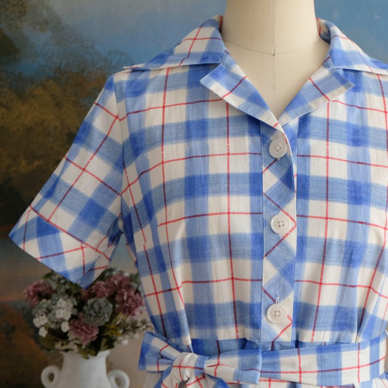 [70S Blue Check] Handmade Retro Large Button Suit Collar Short-Sleeved Vintage Holiday Slimming Dress