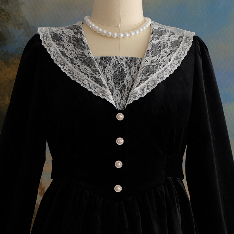 [Light Luxury Velvet] Vintage 80S Jcpenney Style Retro Lace Collar Thick Velvet Autumn and Winter Black Princess Dress